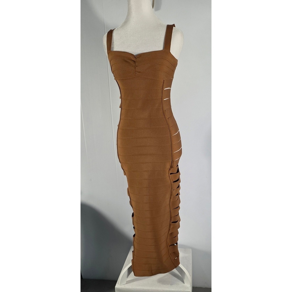 Fashion Nova Brown Bandage Cutout Midi Dress Spaghetti Strap Bodycon Women's S - Picture 5 of 8